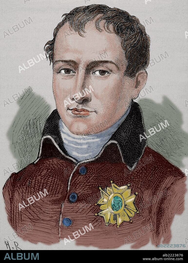 Joseph Bonaparte, 1768-1844, French King of Naples 1806-8, of Spain 1808-13, brother of Napoleon I. Colored engraving by E. Thilly. "Historia Universal", 1885.