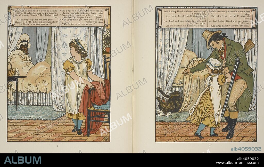 Illustrations for 'Little Red Riding Hood.'. Walter Crane's Picture Books. vol. 4. Containing: 'Little Red Riding Hood.'. London : John Lane ; Chicago : Stone & Kimball, [1895-98]. Source: 12809.w.56, vol.4, pages 7-8.