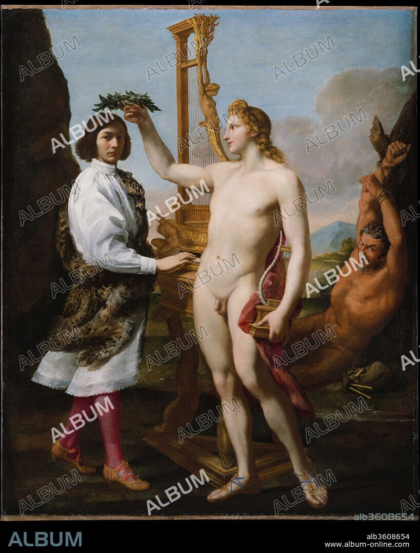 Marcantonio Pasqualini (1614-1691) Crowned by Apollo. Artist: Andrea Sacchi (Italian, Rome (?) ca. 1599-1661 Rome). Dimensions: 96 x 76 1/2 in. (243.8 x 194.3 cm). Date: 1641.
A celebrated male soprano, Pasqualini is crowned by Apollo, who had been victorious in a musical contest with the satyr Marsyas (shown in the background, defeated and tied to a tree with his bagpipes beside him). Pasqualini joined the choir of the Sistine Chapel in 1630, and from 1632 was a protagonist in many operas produced at the Palazzo Barberini. Sacchi designed sets for some of these. The singer plays an upright harpsichord decorated with the figures of Daphne and a bound satyr; Apollo is loosely based on the famous ancient sculpture known as the Apollo Belvedere.