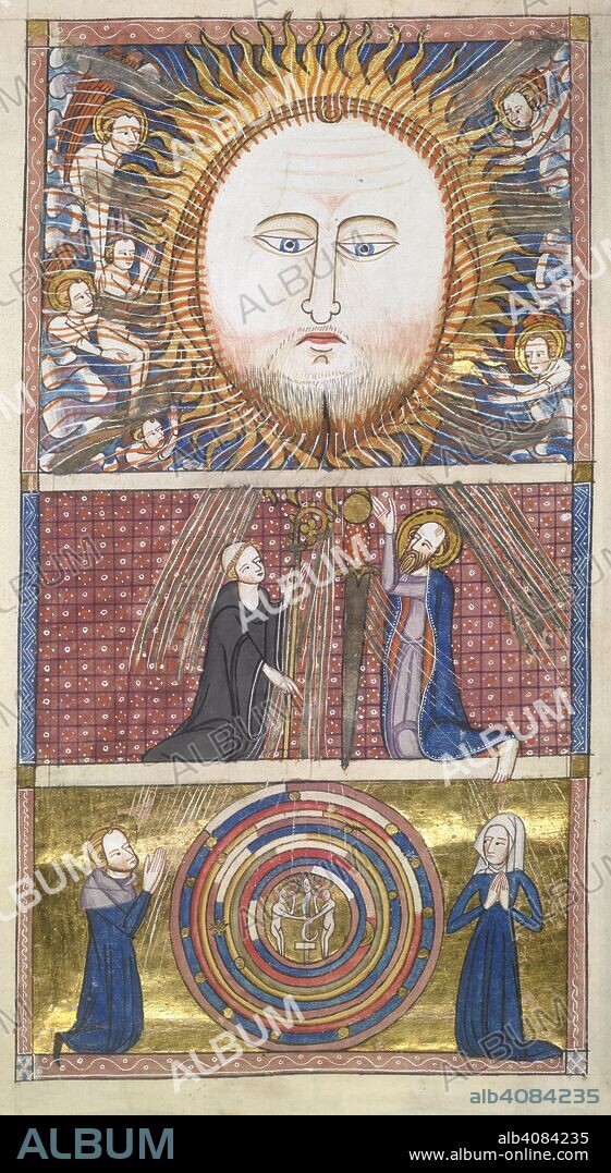 Christ the Sun attracts souls. Omne Bonum. England (London); 1360-1375. (Detail) Top, the divine head with rays drawing up souls. Centre, St. Benedict and St. Paul kneeling. Below, a representation of the Fall of Man in the midst of the planetary spheres, between male and female kneeling figures.  Image taken from Omne Bonum.  Originally published/produced in England (London); 1360-1375. . Source: Royal 6 E. VI, f.16. Language: Latin.