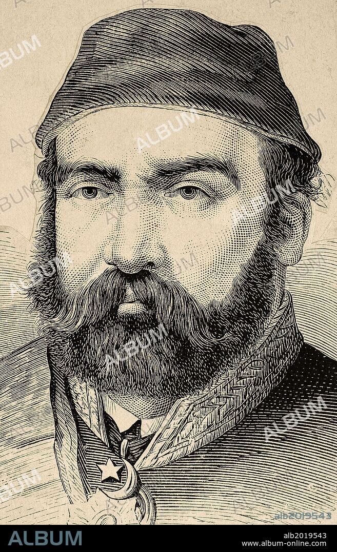 Abdülaziz I (1830-1876). Sultán del Imperio otomano entre 1861 y 1876. En su mandato el Imperio otomano entra en una gran decadencia, con una gran crisis financiera. Aumentan aspiraciones nacionalistas de los pueblos integrantes del Imperio, perdiendo Rumanía, Serbia y Egipto y produciéndose alzamientos en Bosnia y Bulgaria. Derrocado en 1876. Grabado. "La Ilustración Española y Americana", 1876.