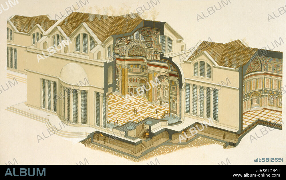 Rom (Italien), Trajansthermen (erbaut 104-109 n. Chr. über der Domus Aurea des Nero). Rekonstruktion (Längsschnitt) des Caldariums. Aquarell, undat., von Peter Connolly (1935-2012).