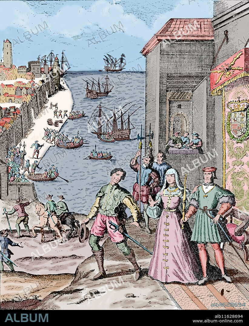 Parting of Columbus with Ferdinand and Isabella, 3rd august 1492, Palos de la Frontera. Spain. Engraving by Theodore de Bry, The Voyages to India, 1601.