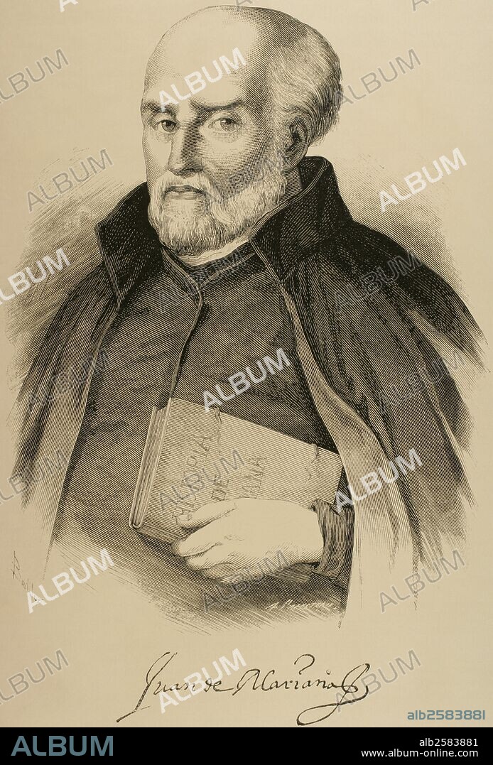 Juan de Mariana or Father Mariana (1536-1624). Spanish Jesuit priest, Scholastic, historian, and member of the Monarchomachs. Engraving by Arturo Carretero in "La Ilustracio_n Espan_ola y Americana", 1879.