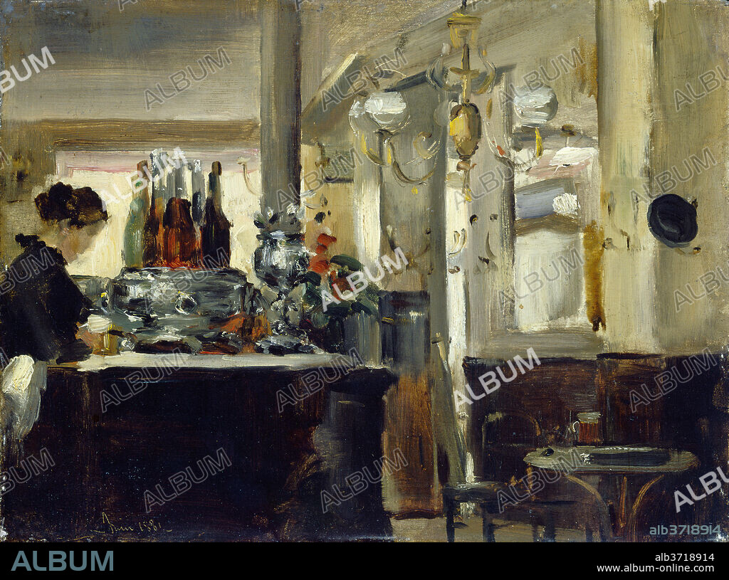 STYLE OF EDOUARD MANET. Bon Bock Café. Dated: 1881. Dimensions: overall: 26.6 x 34.9 cm (10 1/2 x 13 3/4 in.)  framed: 47.3 x 55.2 x 7.3 cm (18 5/8 x 21 3/4 x 2 7/8 in.). Medium: oil on wood.