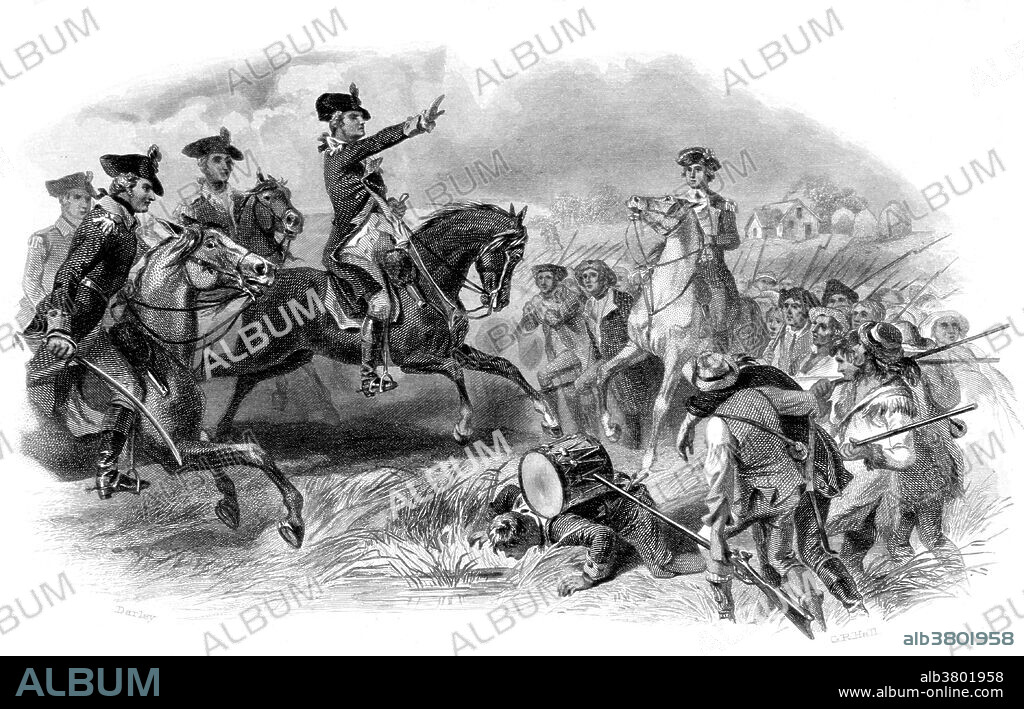 George Washington on horseback, addressing troops. The Battle of Monmouth was fought on June 28, 1778 in Monmouth County, New Jersey. The Continental Army under General George Washington attacked the rear of the British Army column commanded by Lieutenant General Sir Henry Clinton as they left Monmouth Court House (modern Freehold Borough). It is also known as the Battle of Monmouth Courthouse. The battle demonstrated the growing effectiveness of the Continental Army after its six-month encampment at Valley Forge, where constant drilling under officers such as Major General Friedrich Wilhelm von Steuben and Major General Gilbert du Motier, Marquis de Lafayette greatly improved army discipline and morale. The battle improved the military reputations of Washington, Lafayette and Anthony Wayne but ended the career of Charles Lee, who would face court martial at Englishtown for his failures on the day. Engraving by George R. Hall, 1858.