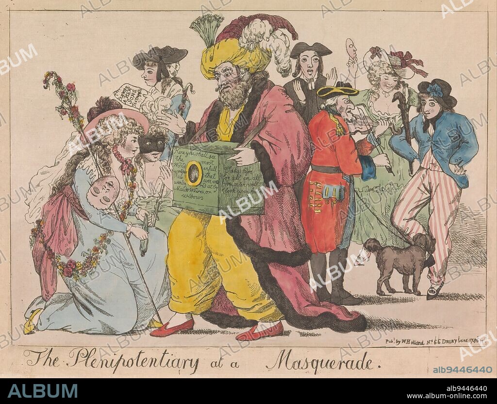 Man with a viewing box at a masquerade ball, The plenipotentiary at a masquerade (title on object), A man wearing a turban and a cloak carries a viewing box on his stomach. In front of him are three women dressed as shepherdesses, two of them kneeling in front of the hole of the viewing box. Behind him stand a clergyman, a man with a violin and a dog, a sailor and another shepherdess., print maker: Isaac Cruikshank, (possibly), publisher: William Holland, (mentioned on object), London, 1786, paper, etching, height 263 mm × width 353 mm.