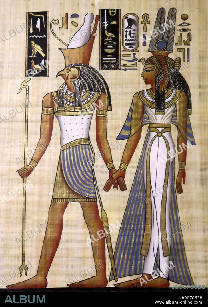 Modern Egyptian papyrus depicting queen Queen Nefertiti and the God Horus. 18th Dynasty.