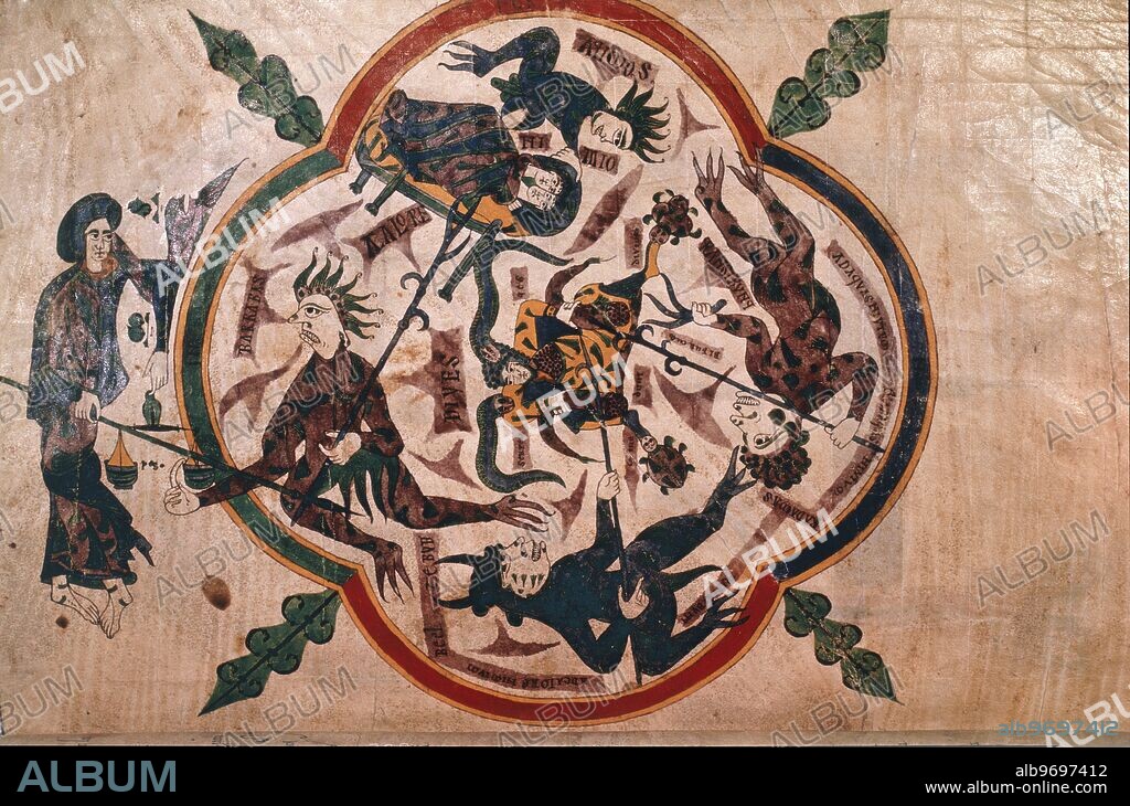 Beatus Apocalypse from Santo Domingo d Silos (c.1100) - dives harrassed by devils in hell. Illustrated copy of the original commentary on the Apocalypse composed by the Asturian monk Beatus of Liebana in c.776 from Castile. ©TopFoto.