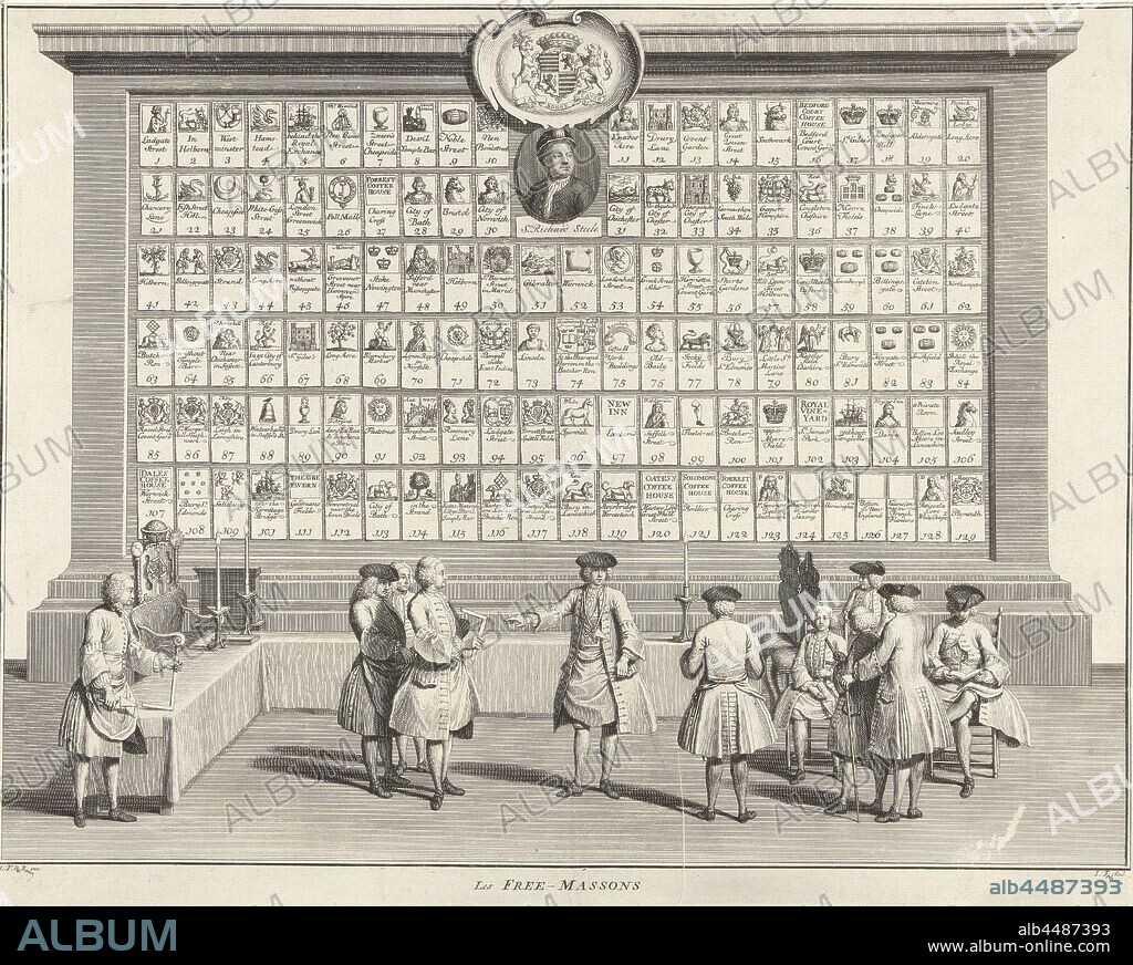 Masonic meeting room Les Free-Massons (title on object), Freemason's lodge with masters in hand in the middle. To the right stands a group of men in front of a young man and a reading man with a hat on, both sitting on a chair. On the far left a seat on an elevation. In the upper center is a medallion with the portrait of Sir Richard Steele and a weapon with the motto: La Bonne cause., Various religions, cults and doctrines: Freemasonry, historical person (STEELE, RICHARD), armorial bearing, heraldry (with NAME of family) - device, motto, clothes, costume (men's clothes), Richard Steele, Jacob Folkema (mentioned on object), 1738, paper, engraving, h 332 mm × w 416 mm.