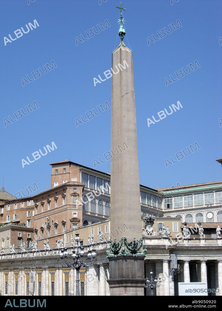 Saint Peter's Square or the Piazza San Pietro, a large plaza which stands in front of St. Peter's Basilica in the Vatican City, Italy. Placed in the centre is a 4,000 year-old Egyptian obelisk, which was places there in 1568. The actual square was designed by Gian Lorenzo Bernini almost 100 years later. The square also has 2 matching granite fountains, constructed by Carlo Maderno around 1613 and Bernini in 1675. This image shows the obelisk in greater detail.