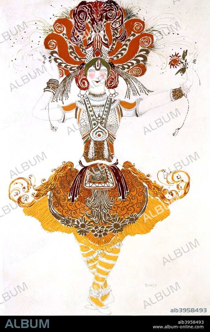'The Firebird', costume design for Tamara Karsavina in Stravinsky's ballet The Firebird, 1910. Published in L'Art Decoratif de Leon Bakst. (Paris, 1913). From a private collection.