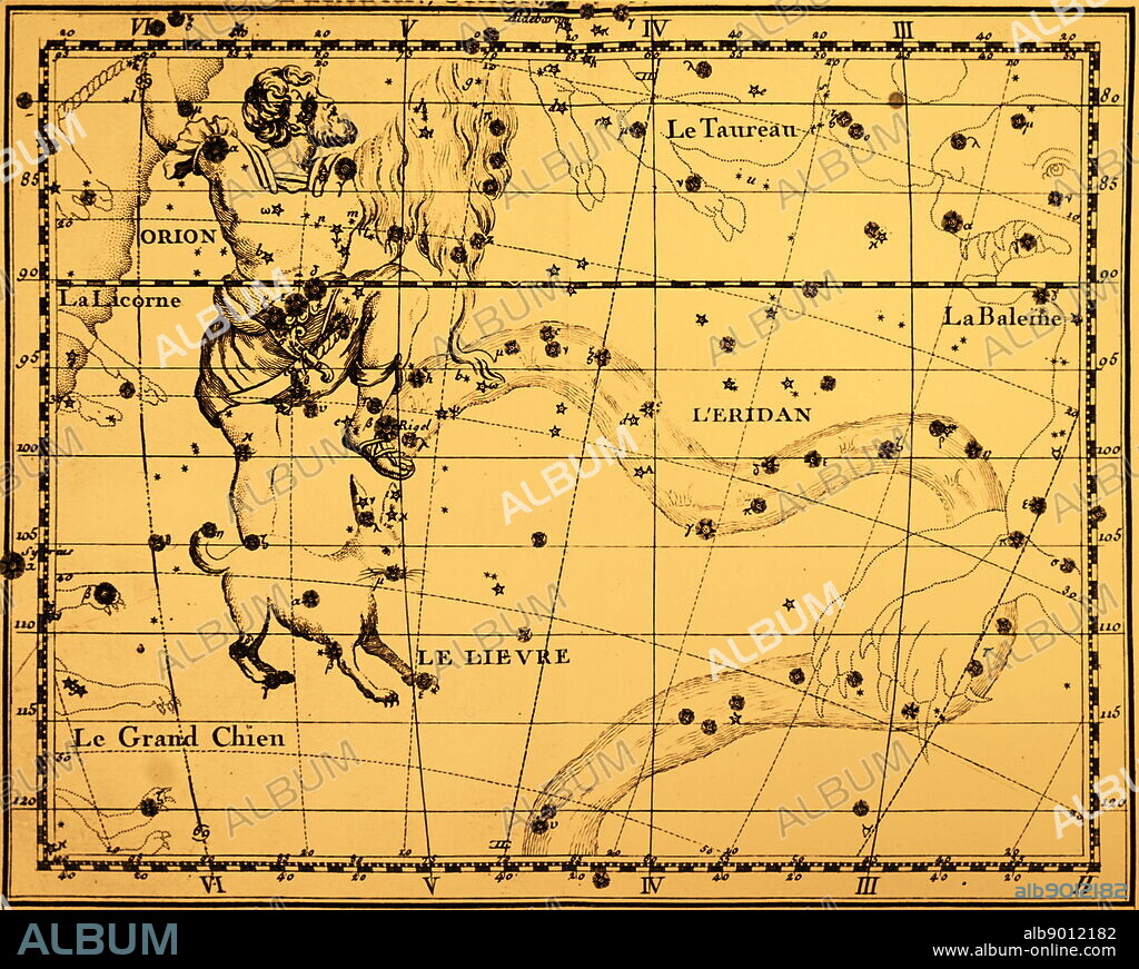 Engraving depicting the constellation Orion. Orion is a prominent constellation located on the celestial equator and visible throughout the world. It was named after Orion, a hunter in Greek mythology. Dated 18th century.