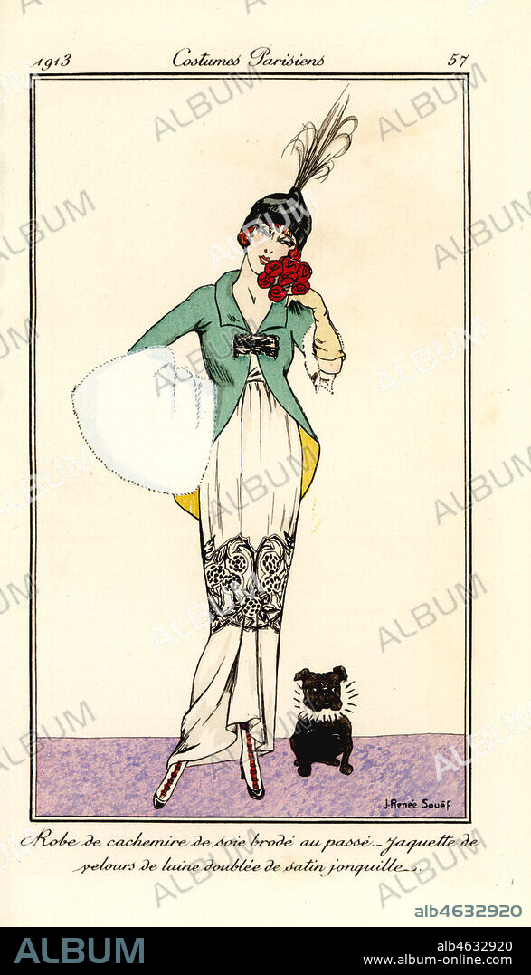 Woman in dress of silk cashmere and jacket of wool velvet lined with yellow satin. Pet dog with collar. Robe de cachemire de soie brode au passe, jaquette de velours de laine doublee de satin jonquille.. Handcoloured pochoir (stencil) etching after an illustration by J. Renee Souef from Tommaso Antonginis Journal des Dames et des Modes, Aux Bureaux du Journal des Dames, Paris, 1913.