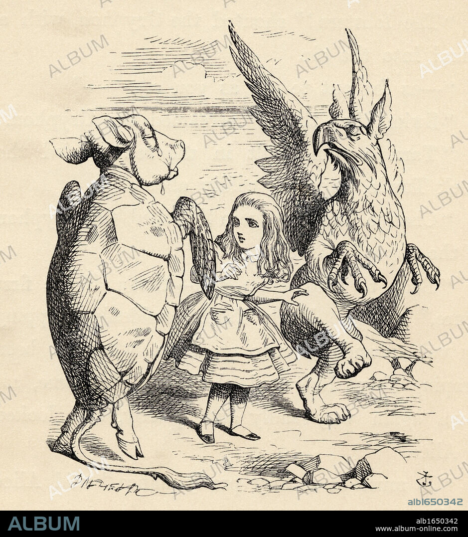 Alice with the Gryphon and the Mock Turtle Illustration by John Tenniel from the book Alices's Adventures in Wonderland by Lewis Carroll published 1891.