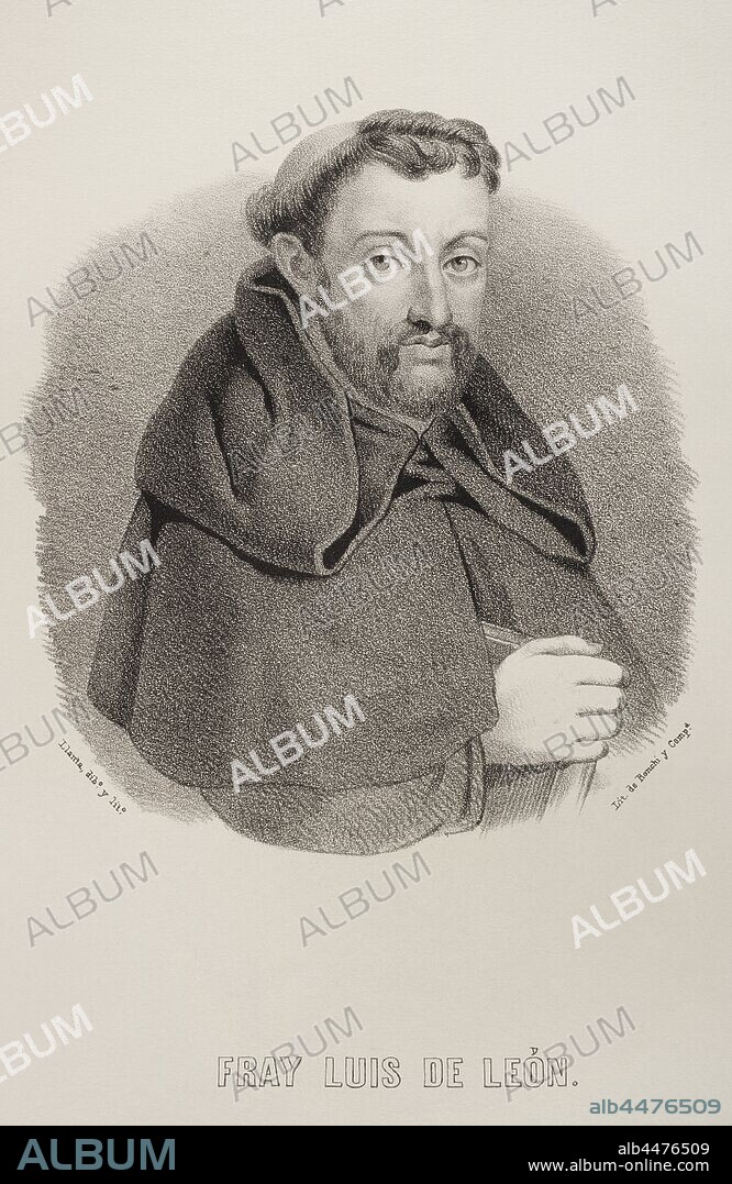 Fray Luis de León (1527/28-1591). Teólogo, poeta, astrónomo, humanista y religioso agustino español de la Escuela Salmantina. Dibujo por LLanta. Litografía. Crónica General de España, Historia Ilustrada y Descriptiva de sus Provincias. Tomo Asturias y León, 1867. Biblioteca Histórico Militar de Barcelona, Cataluña, España.