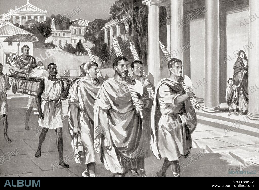 Lictors carrying fasces.  In ancient Rome the Lictors were public officers and bodyguards to the chief Roman magistrates, they carried rods decorated with fasces and inflicted punishment on those sentenced by the magistrate and commanded everyone to pay proper respect to their masters as they went through the city.   From Hutchinson's History of the Nations, published 1915.