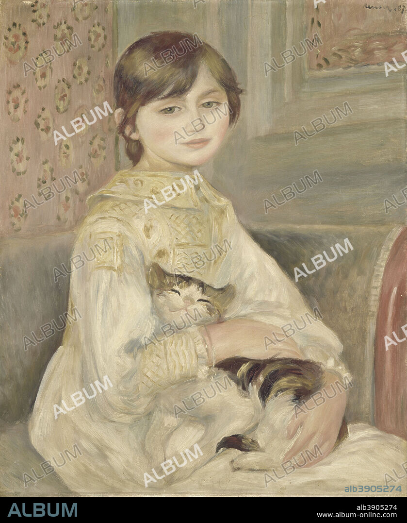 PIERRE AUGUSTE RENOIR. Julie Manet, dit aussi l'Enfant au chat Julie Manet. Date/Period: 1887. Painting. Oil on canvas. Height: 650 mm (25.59 in); Width: 540 mm (21.25 in).