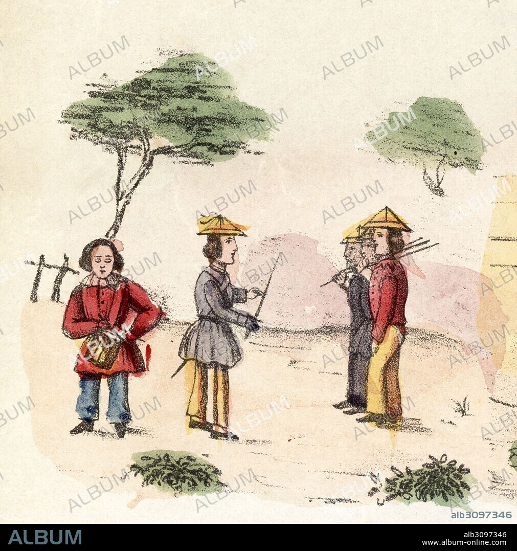 Juegos infantiles. Grupo de niños jugando a ser soldados con espadas de madera y tocando el tambor. Grabado popular coloreado a mano. Siglo XVIII.