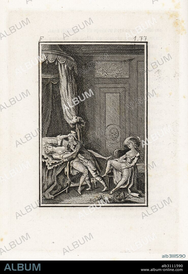 Erotic scene in a bedroom with gentleman having sex with a woman on a bed while another lady watches, 18th century. Woodblock engraving from John Cleland's Fanny Hill, Amsterdam & Paris, 1880s. After the original erotic illustrations by Antoine Borel, circa 1748.