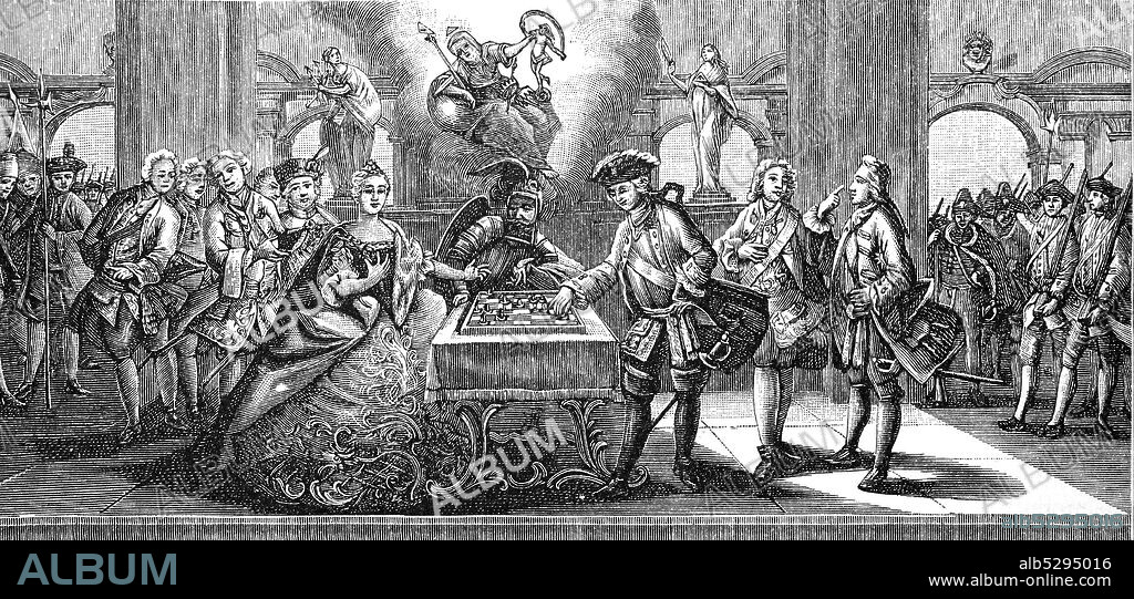 Allegory of the beginning of the Seven Years' War, 1756  /  Allegorie auf den Beginn des siebenjaehrigen Krieges, 1756, historical, digital improved reproduction of an original from the 19th century / digitale Reproduktion einer Originalvorlage aus dem 19. Jahrhundert.