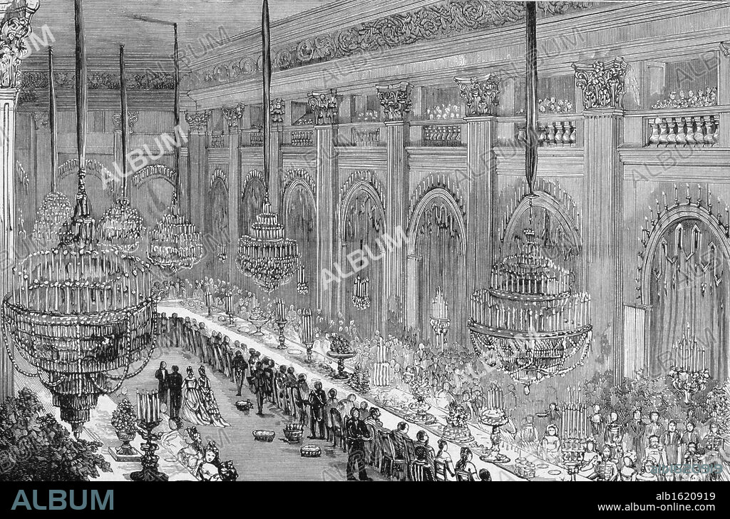 WORLD HISTORY / RUSSIA. Bird's Eye View of the Banquet in the Nicholas Hall of the Winter Palace   c. 1874   Engraving   Artist Unknown.