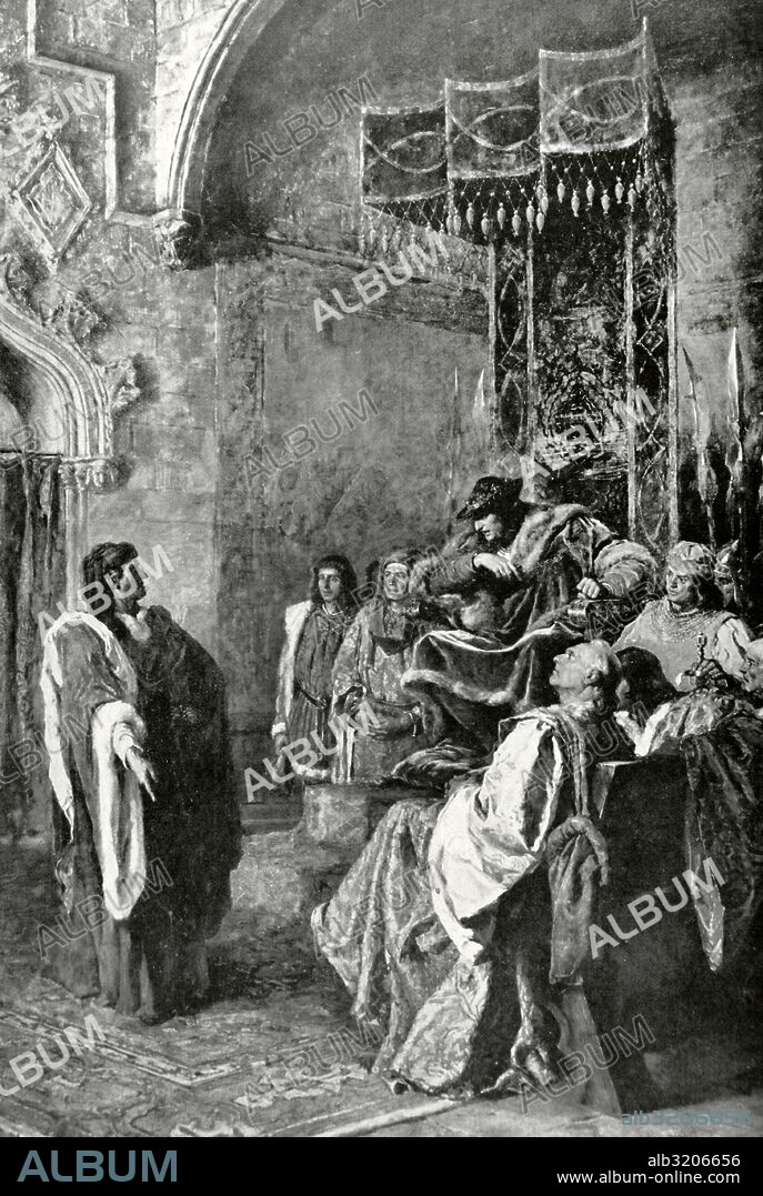Joan FIVALLER. Miembro más representativo de la familia de la oligarquía urbana barcelonesa. Formó parte de los "ciutadans honrats" (ciudadanos honrados). Fue "conseller" (consejero) de Barcelona en 1406-07 y 1411-12. Considerado como una figura representativa de las libertades catalanas. "Fivater defendiendo los derechos de la ciudad ante el rey Fernando y la corte". Cuadro de Ramón Tusques. Grabado de la Ilustración Catalana, 1904.
