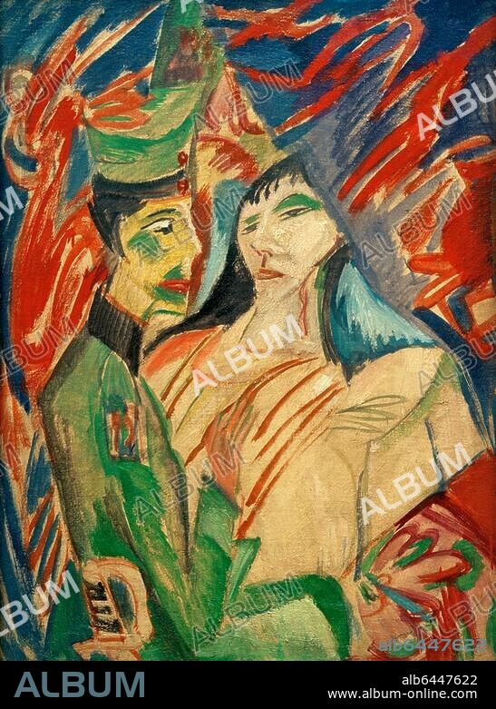 Kirchner, Ernst Ludwig; German painter and sculptir; Aschaffenburg 6.5.1880-(suicide) Frauenkirch near Davos 15.6.1938. "Soldat und Mädchen zwischen bunten Vorhängen" (soldier and girl between colourful curtains), 1916. (Selfportrait as soldier in World War I). Oil on canvas, 100x75 cm. Kunststiftung.