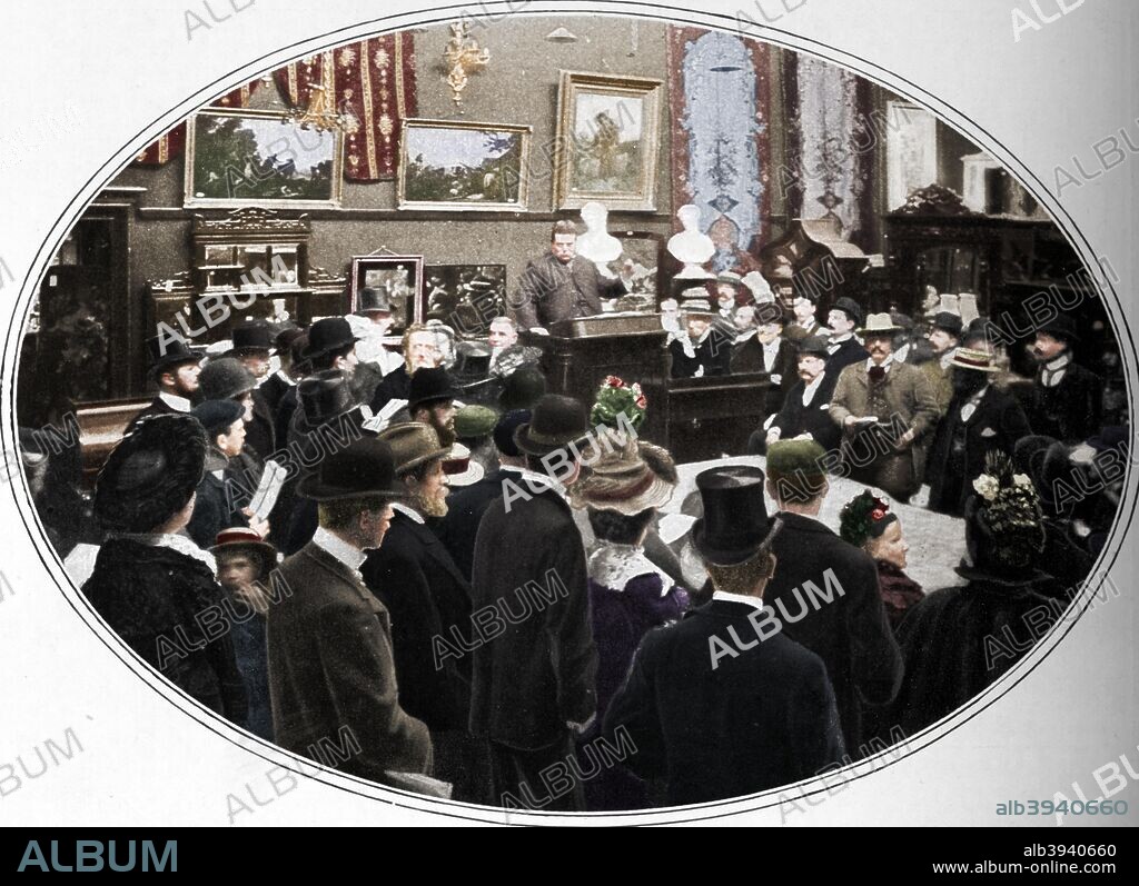 Auction in progress at Phillips auctioneers, London, c1901 (1901). Phillips is an auction house founded in 1796 in London by Harry Phillips, a former clerk to James Christie. The business held twelve auctions in its first year and soon became successful. Napoléon Bonaparte (1769-1821) and Beau Brummel (1778-1840) were among the early patrons. From Living London, Vol. 1, edited by George R. Sims. [Cassell and Company, Limited, London, Paris, New York & Melbourne, 1901]. (Colorised black and white print).