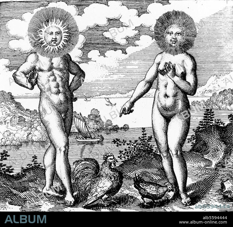 THE ELDER MATTHAEUS MERIAN. Astrology / Microcosm and Macrocosm. "Sol indiget luna, ut gallus gallina". Copper engraving by Matthäus Merian t. o. (1593-1650). From: Michael Maier, Atalanta Fugiens, Oppenheim, 1618.
