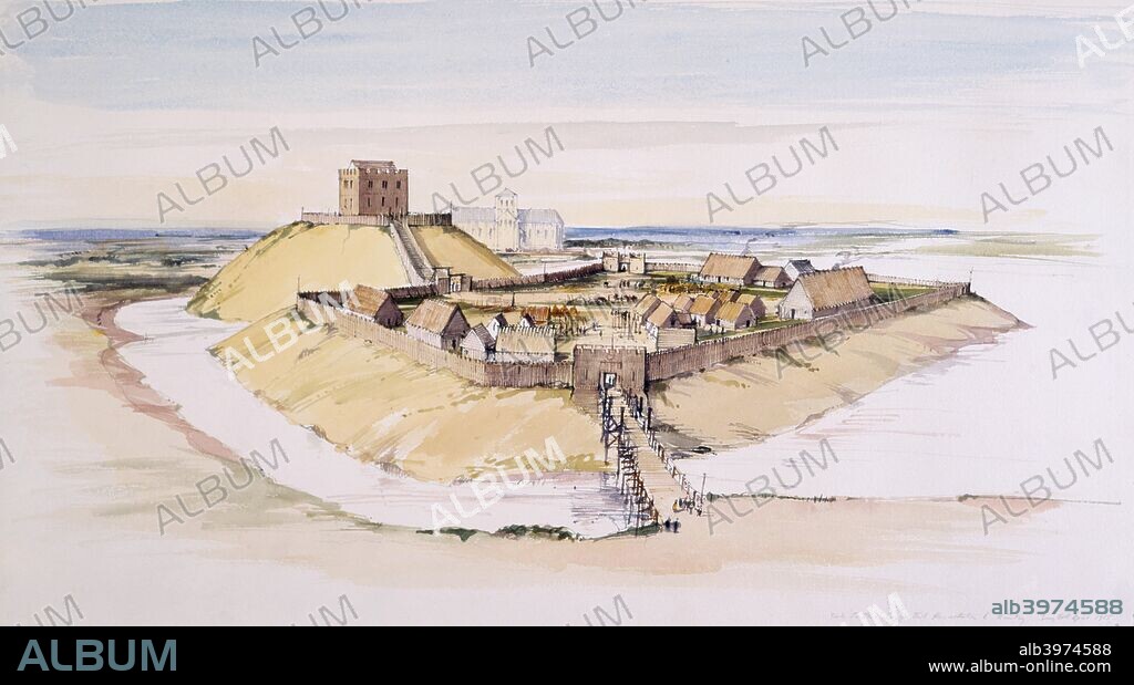 Iillustrative reconstruction of York Castle, North Yorkshire as it might have looked soon after construction, with the Minster beyond, 1985. York Castle was built by William the Conquerer to establish his control in the north.