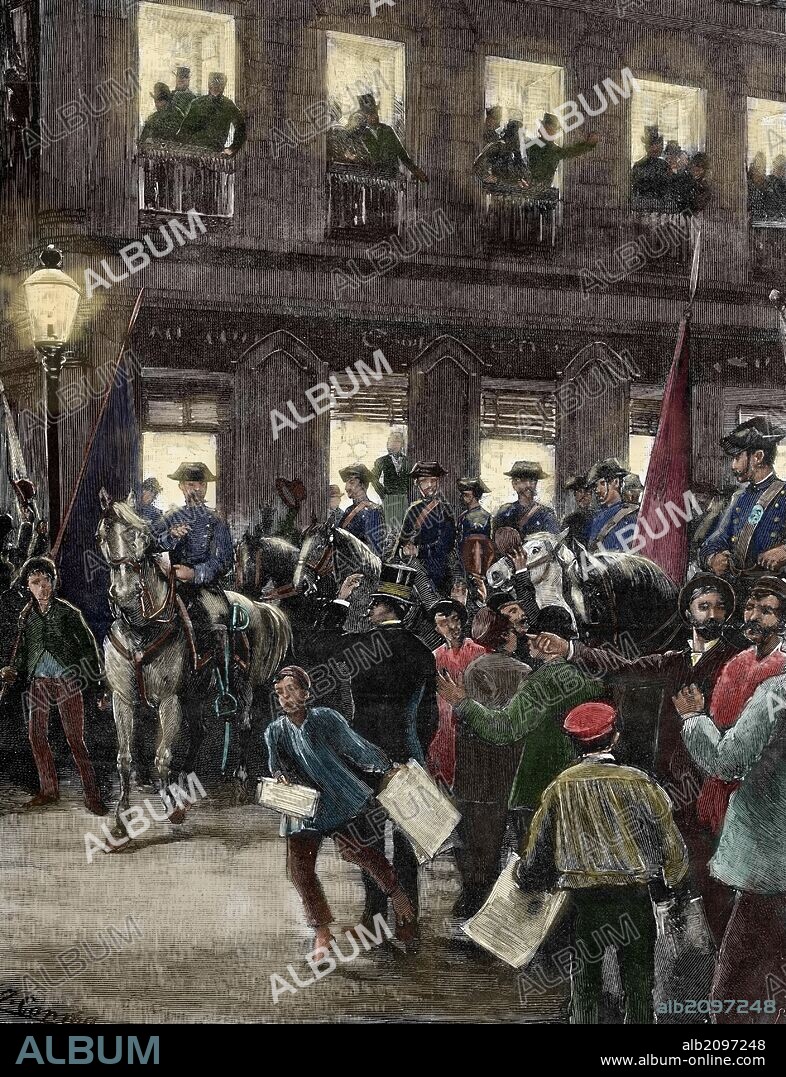 EPOCA RESTAURACION (1875-1885). Reinado ALFONSO XII. CONFLICTO DE LAS ISLAS CAROLINAS, por la impugnación alemana de la soberanía española sobre las islas, por falta de ocupación real. "MANIFESTACION PATRIOTICA EN LA CALLE SEVILLA DE MADRID". Grabado coloreado de la "Ilustración Española y Americana". Año 1885.
