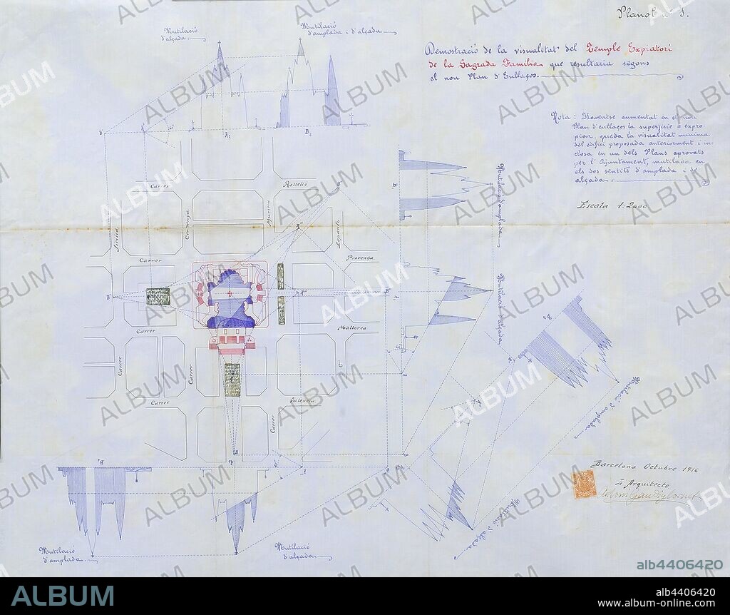ANTONI GAUDÍ. Mapa de la visualización de la Sagrada Familia, Barcelona, 1916.