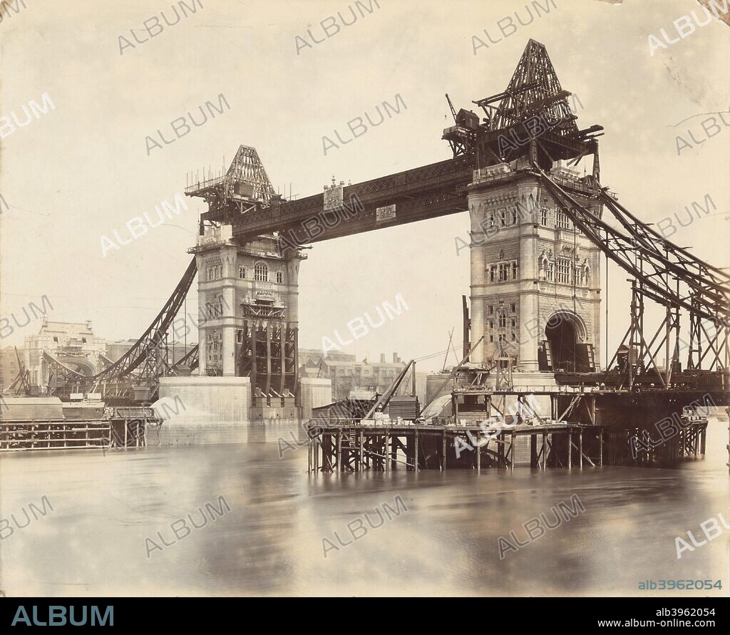 Tower Bridge under construction, London, c1893. The construction of Tower Bridge was begun in 1881 to designs by Sir Horace Jones and it opened in 1894. It was designed so that the central section could be raised to allow the passage of ships to and from the busy wharves of London.