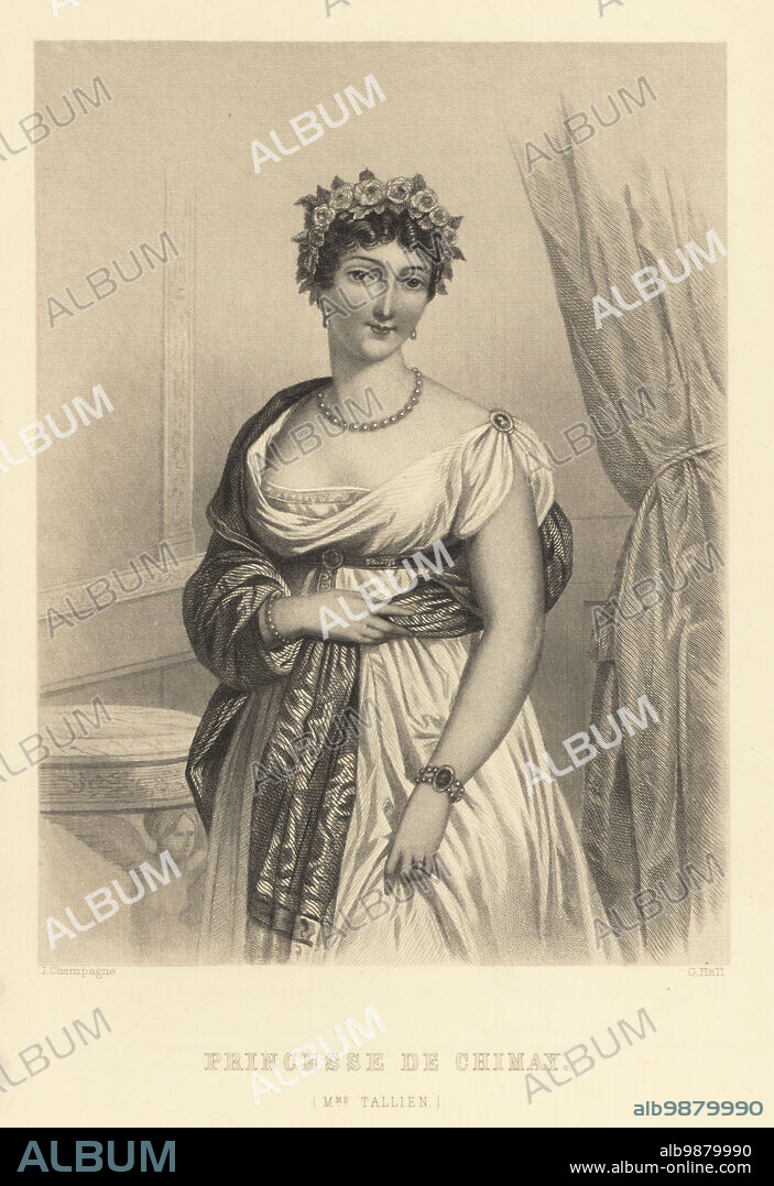 Thérésa Cabarrus, Madame Tallien, Spanish-born French noblewoman and socialite, mistress of Napoleon Bonaparte, 1773-1835. Became Princess of Chimay in 1805 when she married Francois-Joseph-Philippe de Riquet, Prince of Chimay. Steel engraving by G. Hall after a portrait by Jules Champagne from Frank B. Goodrichs The Court of Napoleon or Society under the First Empire, J. B. Lippincott, Philadelphia, 1875.