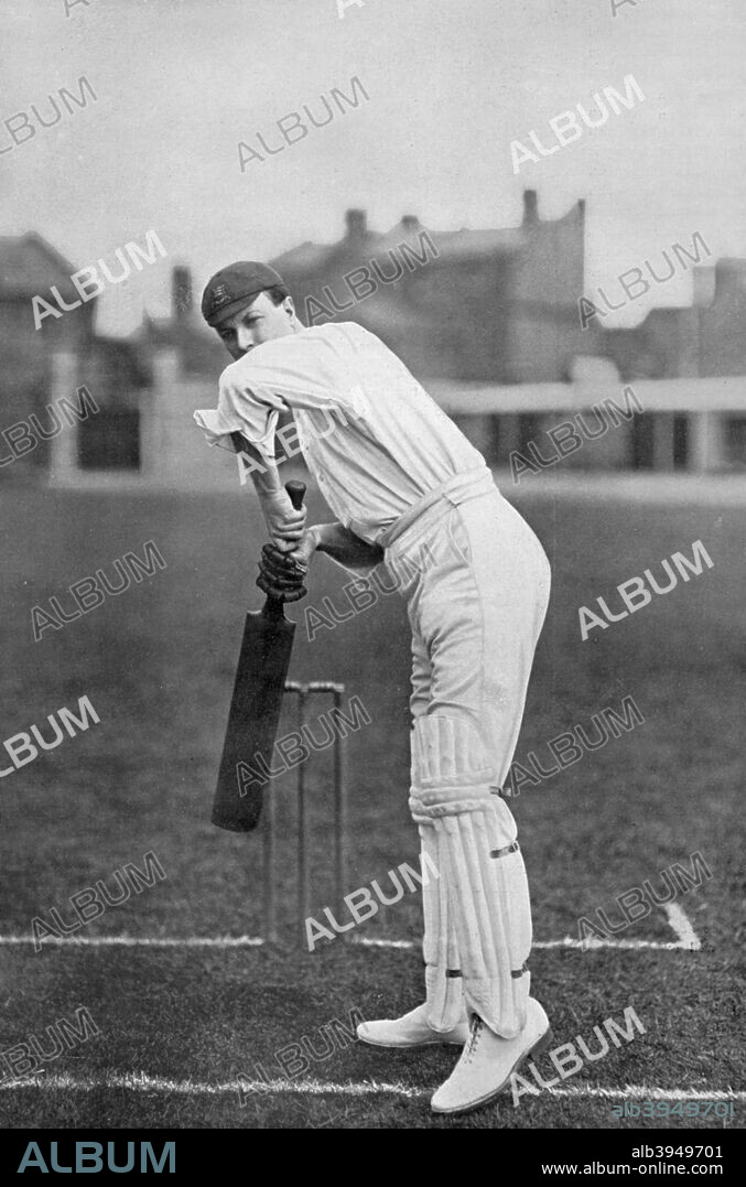 Mr P Perrin, Essex cricketer, c1899. Percy Perrin (1876-1945) played for Essex from 1896 until 1928. He scored 66 centuries, the third highest total amongst players who never played Test cricket. A print from The Book of Cricket, a Gallery of Famous Players, edited by CB Fry, George Newnes Ltd, London, c1899.