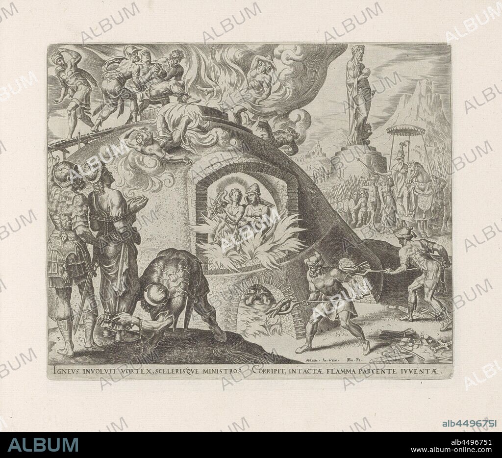 Sadrach, Mesach and Abednego are thrown into the fire History of Sadrach, Mesach and Abednego (series title) Thesaurus sacrarum historiaru [m] veteris testame [n] ti, elega [n] tissimis imaginibus expressu [m] excelle [n] tissimoru [m] in hac arte viroru [m] opera: now [n] c primu [m] in luce [m] editus (series title), Mesach and Abednego are in the burning oven thrown. One of them can be seen through a window in the oven. He is assisted by an angel. The flames do not harm him. Two men are about to throw one of the three through the top hole in the oven. Three of the guards standing on the oven do burn in the flames. In the left foreground one of the three Jewish men is squeezed before he is thrown into the oven. Under the representation an explanatory text in Latin. Print is part of an album, after the furnace has been heated seven times more, the three Hebrews are bound and thrown into the fire, their executioners are burned by the flames, Philips Galle (mentioned on object), 1565 and/or 1579, paper, engraving, h 204 mm × w 246 mm.