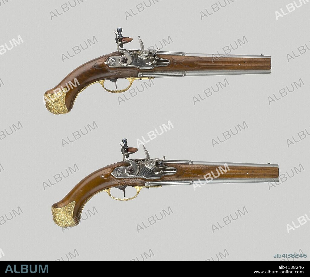 Pair of Double-Barrel Flintlock Pistols. German, Saxony. Date: 1720-1740. Dimensions: L. 38.7 cm (15 1/4 in.)
Barrel L. 22.8 cm (9 in.)
Wt. 1 lb. 15 oz.
Caliber .45. Steel, gilt bronze. Origin: Saxony.