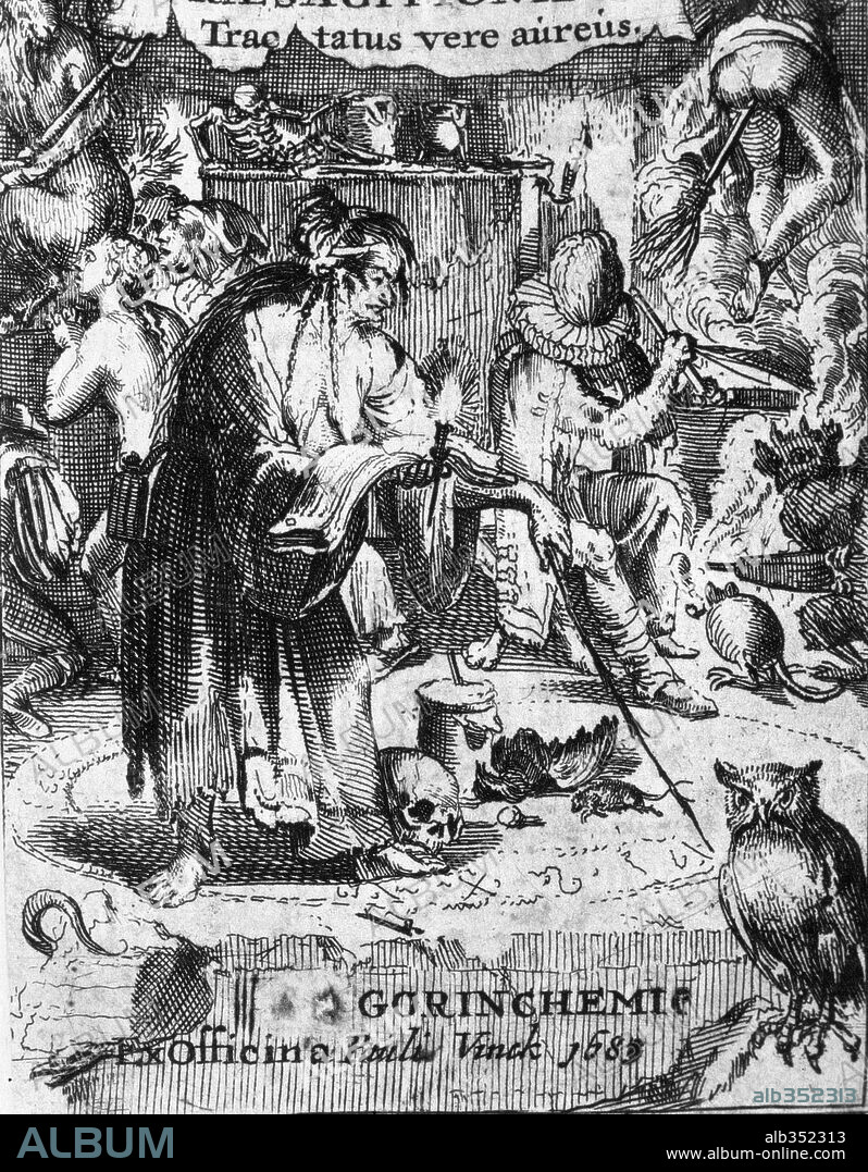 The magic circle of a witch with skull and her familiars from Ludwig Lavater De Spectris, XVIIth century.