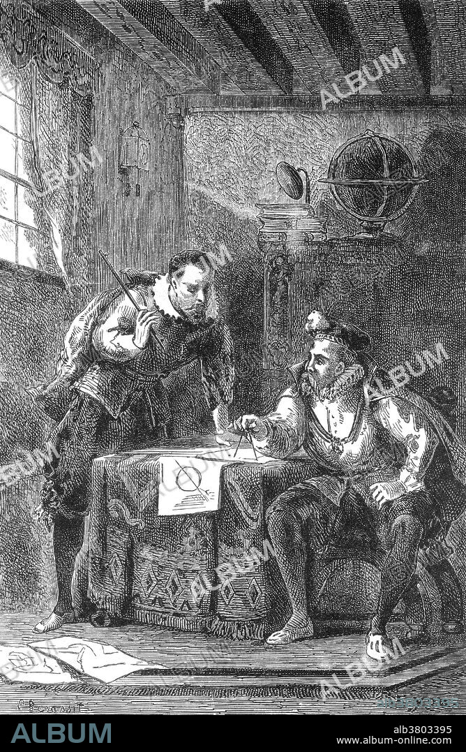 Brahe (right) and Kepler discussing observations on the movement of the planet Mars. Tycho Brahe (December 14, 1546 - October 24, 1601) was a Danish astronomer. He worked to combine the geometrical benefits of the Copernican system with the philosophical benefits of the Ptolemaic system into his own model of the universe, the Tychonic system. He was the last of the major naked eye astronomers, working without telescopes for his observations. He is credited with the most accurate astronomical observations of his time, and the data was used by his assistant, Johannes Kepler, to derive the laws of planetary motion. He was exiled to Prague in 1597 and was assisted in his work by Kepler until his death in 1601 at the age of 54. Johannes Kepler (December 27, 1571 - November 15, 1630) was a German mathematician, astronomer and astrologer. A key figure in the 17th century scientific revolution, he is best known for his works Astronomia nova, Harmonices Mundi, and Epitome Astronomiae Copernicanae. These works also provided one of the foundations for Isaac Newton's theory of universal gravitation. He died in 1630 at the age of 58.