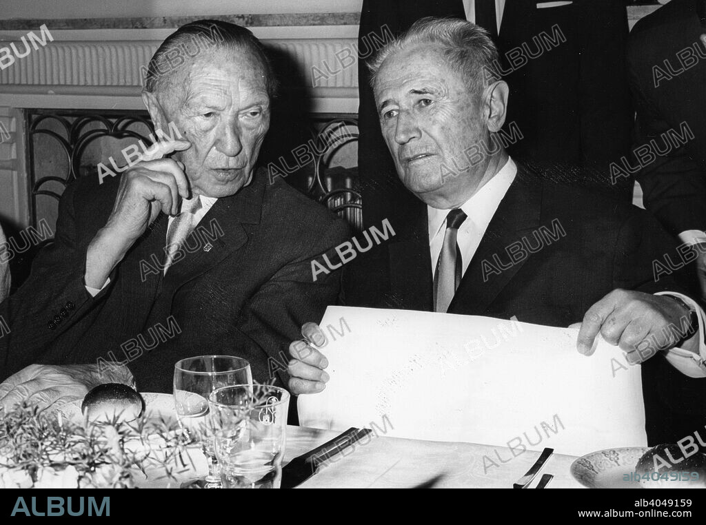 Nahum Goldmann (1894-1982),  Zionist and World Jewish Leader with West German Chancellor Konrad Adenauer at a dinner given in his honour by Adenauer at the King David Hotel in Jerusalem.