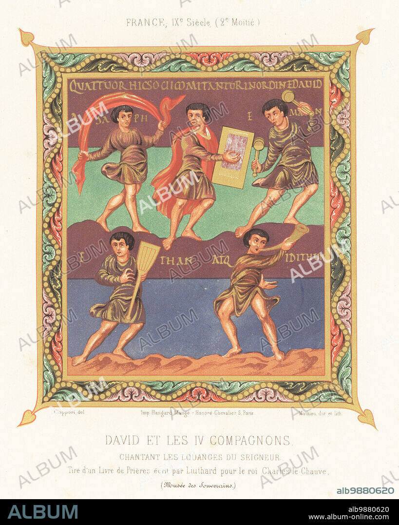King David playing the psaltery with four musicians and dancers, 9th century France. Asaph dances with a scarf, Eman plays unknown percussion rattles, Ethan a stringed instrument and Idithum a buccina or salpinx horn. The legend reads Quattuor hic socii comitantur in ordine David. In Gallic short tunics of the late 9th century. Taken from the psalter of Charles the Bald, Psautier de Charles le Chauve, MS Latin 1152, fol. 1v, copied by Liuthard, France, IXe siecle. Chromolithograph by Mathieu after an illustration by Claudius Joseph Ciappori from Charles Louandres Les Arts Somptuaires, The Sumptuary Arts, Hangard-Mauge, Paris, 1858.