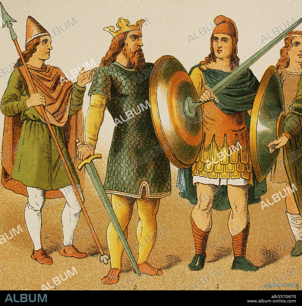 Anglosajones (500-1000). De izquierda a derecha, 1: Guerrero, 2: Rey (750), 3: Guerrero. Cromolitografía. Historia Universal, por César Cantú. Tomo IV. Publicado en Barcelona, 1881.
