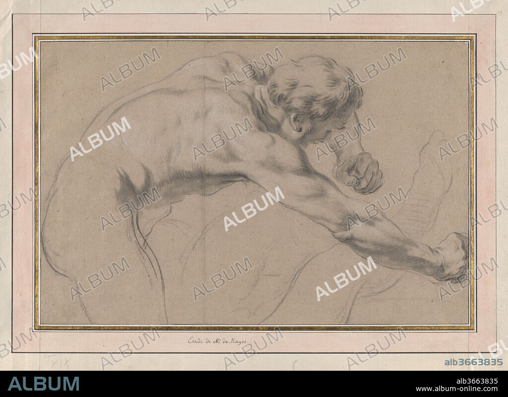 Male Nude, Study for Samson and Delilah. Artist: Jacques Francois Amand (French, 1730-1769). Dimensions: Height: 11 5/16 in. (28.7 cm)
Width: 17 1/16 in. (43.3 cm). Date: ca.1730-1769.
Jean François Amand, a student of the successful history painter, Jean-Baptiste Marie Pierre (1714-1789) made this study of a male nude as he prepared his entry for the 1756 Prix-de-Rome competition. His winning submission, <i>Samson and Delilah</i>, is today in the Landesmuseum Mainz. In the painting, this figure, who ties Samson's feet with rope, is depicted clothed and with a plumed helmet. 
The attribution to Amand was first suggested by Benjamin Peronnet.