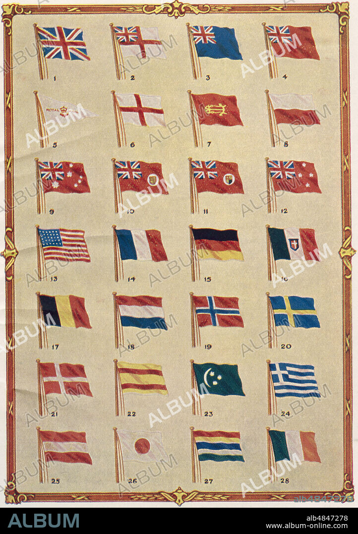 Ensigns and National Merchant Flags.  1. Union Jack 2. White Ensign (Royal Navy) 3. Blue Ensign (Royal Navy Reserve) 4. Red Ensign (Mercantile Marine) 5. Royal Mail 6. St. George's Cross (flown by Admiralty) 7. Admiralty 8. Pilot on Board 9. Australia 10.