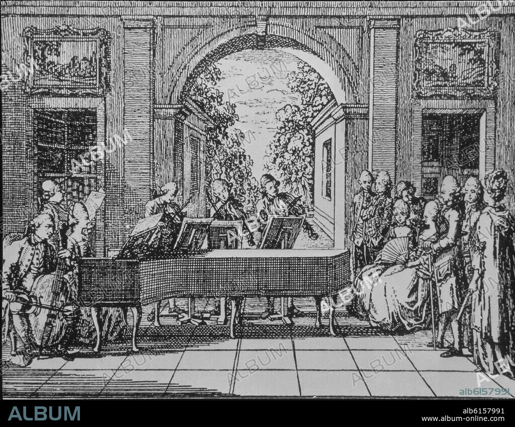 CONCIERTO DE UNA ORQUESTA DE CAMARA - GRABADO - SIGLO XVIII.
