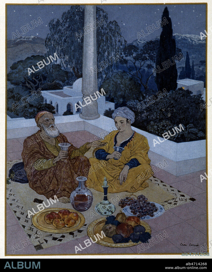 'Ils se mirent a chanter et a boire' : Frontispice du parterre fleuri de l'esprit et le jardin de la galanterie. Illustration par Leon CARRE (1878-1942) pour une edition de 1931 des Mille et une nuits. Credit : Collection Grob/KHARBINE-TAPABOR.