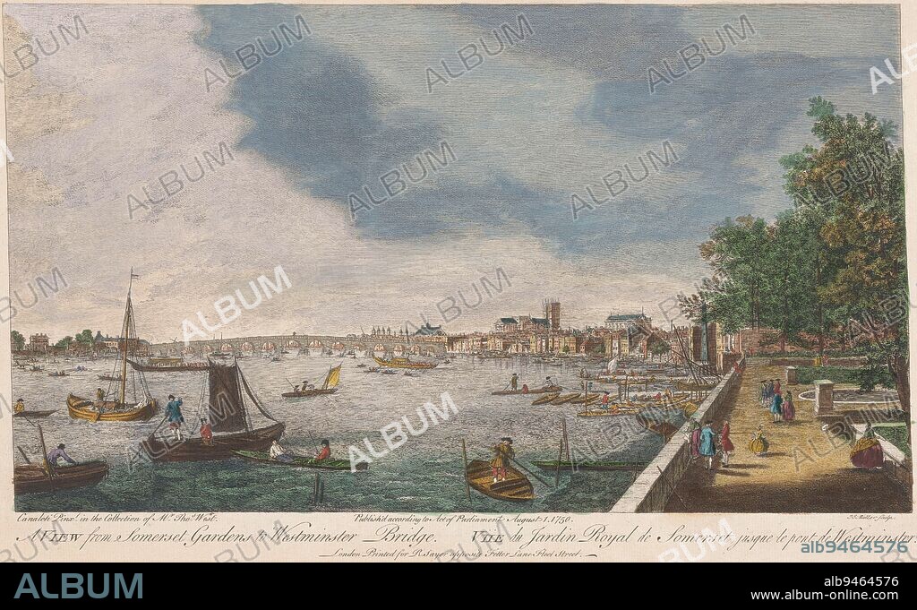 View of Westminster Bridge over the River Thames in London, seen from the garden of Somerset House, Robert Sayer, after Canaletto, 1750, In the background Westminster Abbey., publisher: Robert Sayer, (mentioned on object), print maker: John Miller, (mentioned on object), after: Canaletto, (mentioned on object), London, 1-Aug-1750, paper, etching, brush, h 288 mm × w 479 mm.