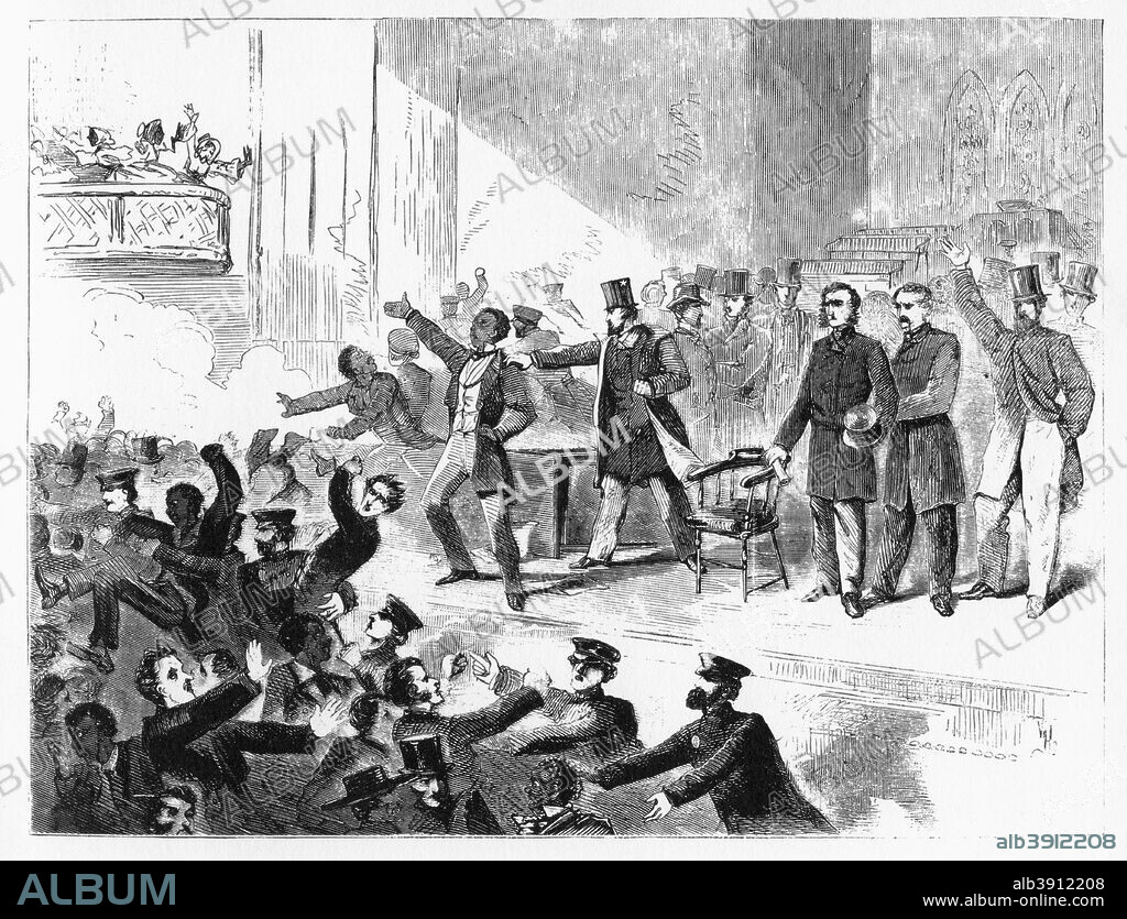 'John Brown Anniversary Meeting, Tremont Temple', 1858. Abolitionist William Lloyd Garrison holds a meeting. Illustration from Adventures of America, 1857-1900, by John A Kouwenhoven, published by Harper & Brothers, (New York, London, 1938).