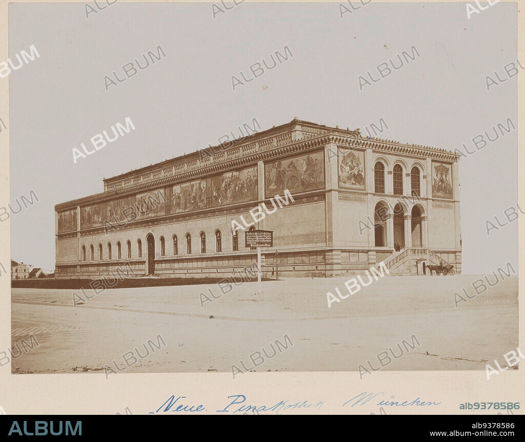 Neue Pinakothek, Munich, Germany, View from front left of the Neue Pinakothek. This museum for contemporary 18th and 19th century art was founded in 1853 by Louis I, who wanted to show his art collection to the public there, as well as in the Alte Pinakothek opposite. Completely destroyed and demolished in WW II. Between 1975-1981 the Neue Pinakothek was rebuilt to the design of Alexander Freiherr von Branca., anonymous, c. 1880 - c. 1910, photographic support, cardboard, height 160 mm, width 218 mmheight 510 mm, width 330 mm.